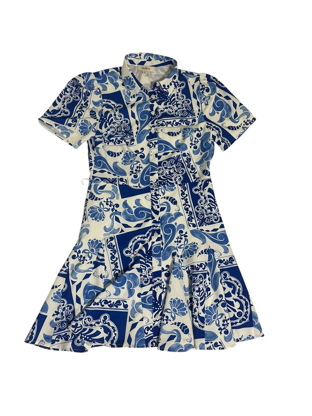 Blue & White Print Short Sleeve Mini Dress